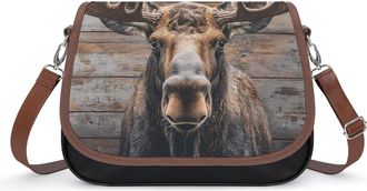 Generic Moose on Wood Womens Leather Crossbody Bags with Adjustable Strap Casual Printed Shoulder Handbag