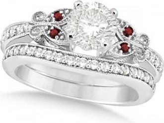 Allurez Round Diamond & Garnet Butterfly Bridal Set in 14k White Gold (0.96ct)