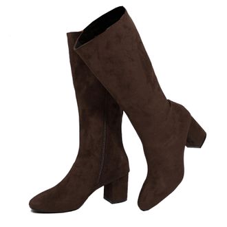 Generic Womens Chunky Heel Pointed Toe Knee-High Boots, Block Heel Suede Side Zipper Dress Boot, Casual Shoes for Fall and Winter (Brown,6.5)