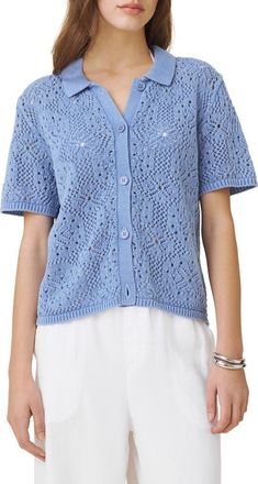 Splendid Beckham Crochet Button-Up Cotton Blend Polo in Azure Blue at Nordstrom, Size X-Small
