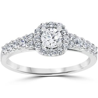 Pompeii3 3/4CT Cushion Halo Round Diamond Engagement Ring 14K White Gold Size Selectable