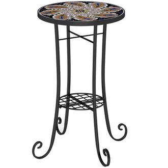 OUTSUNNY 35.5cm Round Mosaic Garden Side Table Plant Stand w/ Shelf - Orange | TJ Hughes