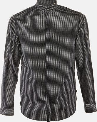 Armani Midnight Blue Dotted Cotton Mandarin Collar Shirt
