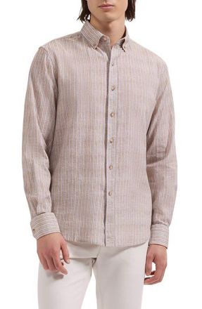 Bugatchi Austin Shaped Fit Stripe Cotton & Linen Button-Down Shirt in Desert at Nordstrom, Size Xxx-Large