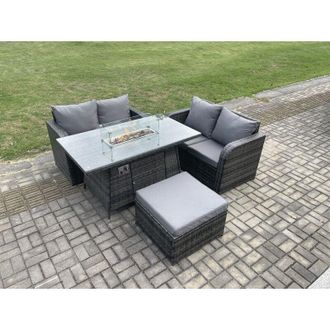 Fimous Rattan Garden Furniture Set with Gas Fire Pit Table Footstool 4 Pieces Outdoor Loveseat Sofa Set Dark Grey Mixed - Fimous