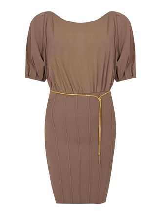 Elisabetta Franchi Viscose Knit Dress with Jeweled Belt, Clay