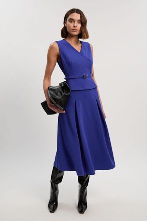 Karen Millen Womens Petite Compact Essential Belted Tailored Full Midi Dress - Blue - Size 12 UK
