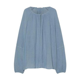 Pomandere Blouses, female, Blue, Size: 2XS Cotton Gauze Blouse with Gathered Neck