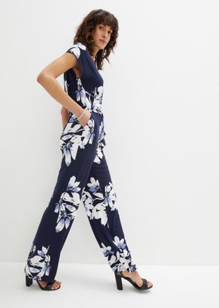 Bonprix Jumpsuit BONPRIX Jumpsuit mit Bindeband, Damen, Gr. 56/58 (XXXL), K-Gr, blau (dunkelblau, wei&szlig; gebl&uuml;mt (kurz)), Obermaterial: 95% Polyester, 5% Elasth