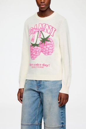 Ganni White Jumper in Graphic Wool