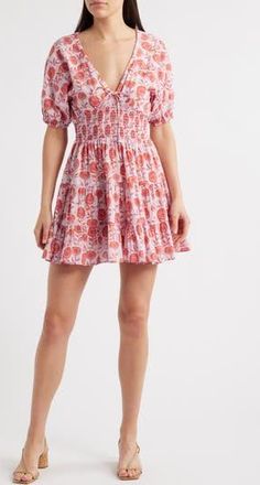 Saylor Greyson Puff Sleeve Cotton Mini Sundress in Pink Multi at Nordstrom Rack, Size Large