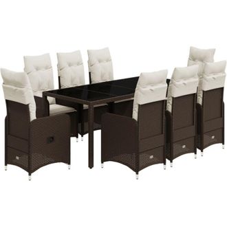 vidaXL Set De Mesa Y Sillas Jard&iacute;n 9 Piezas Y Cojines Rat&aacute;n Pe Marr&oacute;n Vidaxl