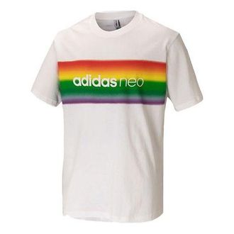 adidas neo U Pd Tee3 Rainbow Logo Printing Round Neck Sports Short Sleeve Couple Style White H65030