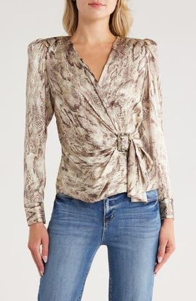 L'agence Bensen Long Sleeve Silk Blend Faux Wrap Top in Tan Multi Snake at Nordstrom Rack, Size 6