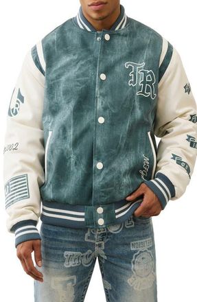 True Religion Retro Varsity Denim & Faux Leather Jacket in Denim /Winter White at Nordstrom, Size Xx-Large