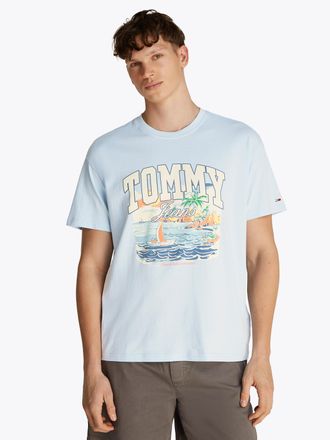 Tommy Jeans T-Shirt TOMMY JEANS TJM RLX ARCH SAILING SS TEE EXT, Herren, Gr. M, blau (sweet blau), Single Jersey, Obermaterial: 100% Baumwolle, bedruckt, relaxed 