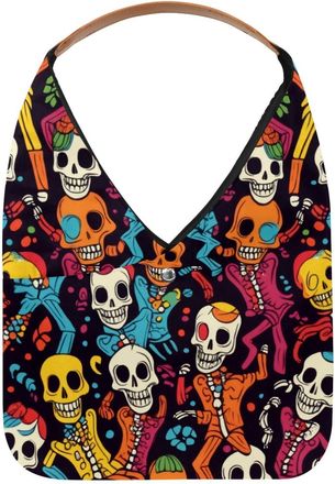 Generic Dancing Skull Colorful Pattern Reusable Lightweight Grocery Bags - Foldable Into Compact Pouch, Washable & Sturdy, Multipurpose for Shopping and Trave