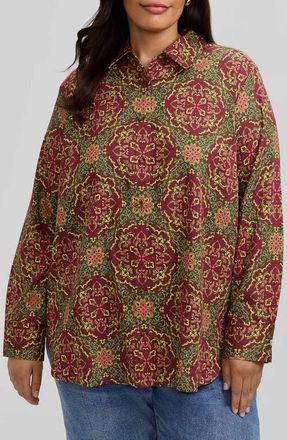 Foxcroft Meghan Medallion Print Button-Up Cotton Shirt in Red/multi at Nordstrom, Size 1X