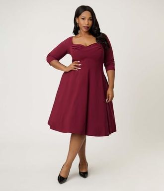 Unique Vintage Plus Size Pleated Bust Swing Dress in Burgundy at Nordstrom, Size 5X