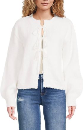 Elan Crew Neck Long Sleeve Tie Front Cardigan In Chattanooga