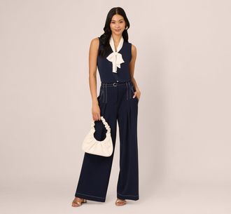 Adrianna Papell Tie Collar Knit Vest Top In Blue Moon Ivory