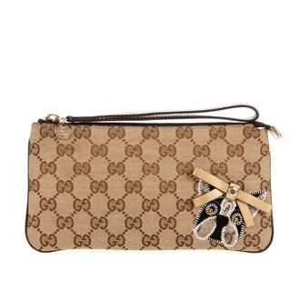 Gucci Pre-owned Womens Guccioli French Bulldog Wristlet Pouch - Beige - One Size