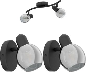 Loops Twin Ceiling Spot Light & 2x Matching Wall Lights Black Vaporized Glass Moving