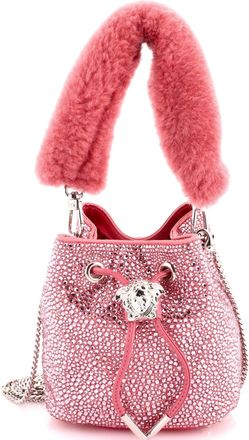 Versace La Medusa Drawstring Bucket Bag Crystal Embellished Satin with Shearling Mini