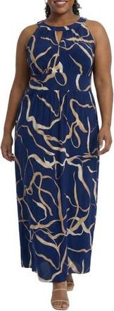 London Times Morris Keyhole Sleeveless Maxi Dress in Navy/Tan at Nordstrom Rack, Size 14W