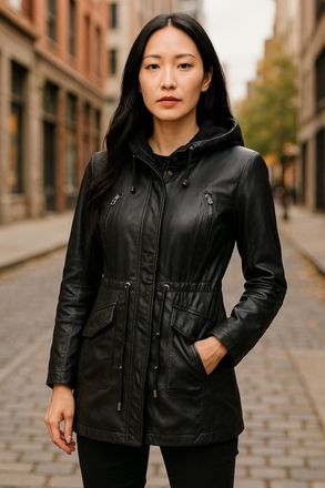 Infinity Leather Womens Green Leather Hooded Parka Jacket-Clare