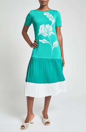 Ming Wang Modern Fit Mixed Media Pleated Midi Dress in Emerald Awe/White at Nordstrom, Size Xx-Small