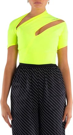 Thierry Mugler Ladies Neon Yellow Asymmetrical Eco Sport Lycra Bodysuit