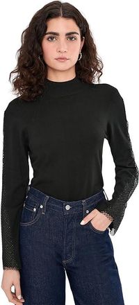 Vince Camuto Mock Neck Bell Sleeve with Rhinestone Womens Clothing Rich Black : SM, Rayon