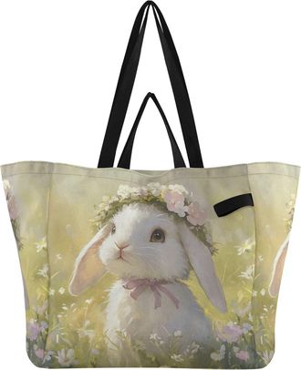 Generic Flower Rabbit Beige pattern Reusable Canvas Tote Bag, Heavy Duty Grocery Shopping Bag with Double Handles Hard Bottom Large Capacity Work Groceries Tr