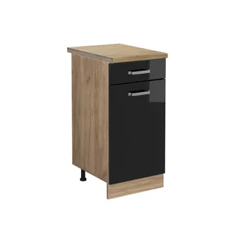 Vicco Mueble Bajo De Cocina R-line, Negro Brillo Intenso, 40 Cm, Et Roble