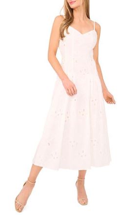 CeCe by Cynthia Steffe Embroidered Godet Pleat Cotton A-Line Dress in Ultra White at Nordstrom, Size X-Large