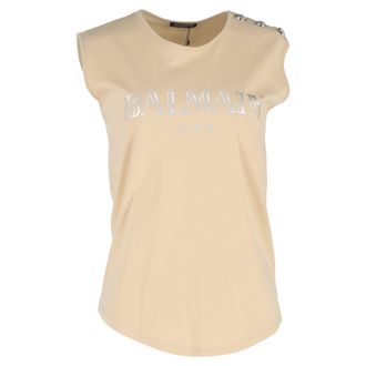 Balmain Logo-Print Tank Top in Beige Cotton