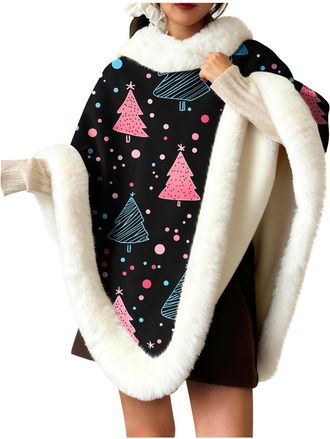 Generic Womens Christmas Printed Plush Warm Homewear Cape Shawl with Extra Thick Furry Collar, Ideal for Winter Holidays, Xmas Parties & Gifting, Soft Fleece 