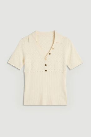 Karen Millen Womens Plus Size Knit Stitch Detail Rib Collared Short Sleeve Top - Cream Polyamide - Size X-Large