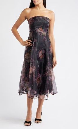 Lulus Elena Strapless Organza Midi Dress in Black Floral at Nordstrom Rack, Size X-Small