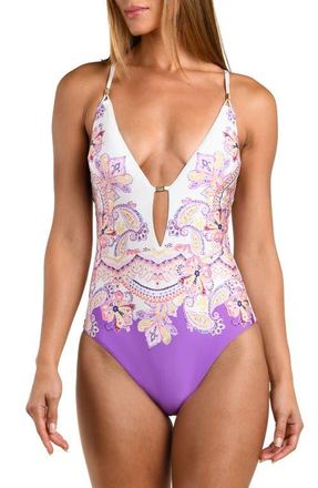 Sunshine 79 Lilac Cascade Plunge One-Piece Swimsuit in Purple Multi at Nordstrom, Size 12