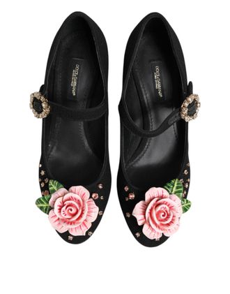 Dolce & Gabbana Womens Black Flower Crystal Embellished Mary Jane Shoes Wool Rayon Goat Skin