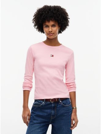 Tommy Hilfiger Womens Embroidered Flag Logo Rib-Knit T-Shirt - Iced Rose - XXL