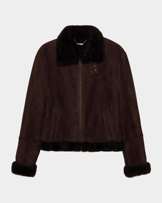 SIMKHAI Cassia Suede Cropped Jacket with Shearling Trim