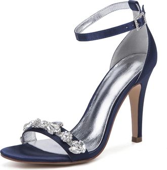 Generic Wedding Bridal Shoes Womens Heels Bridal Peep Toe Ankle Wedding Stiletto Heel Sandals Party Dress Shoes 10.5Cm,Dark Blue,4 UK