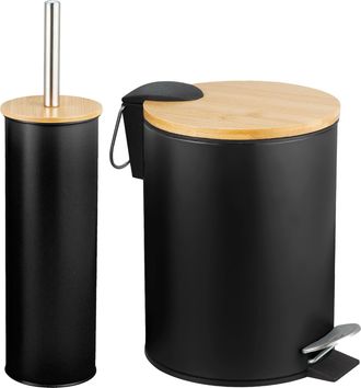 OEM Juego De Soporte Para Papelera Y Escobilla De Ba&ntilde;o, Acero Y Bamb&uacute;, Negro, &Oslash;168 X 230 Mm, Ba&ntilde;o