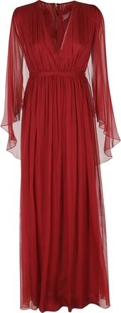 Alberta Ferretti Red Silk Chiffon V-Neck Pleated Silk Dress