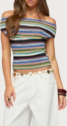 Edikted Irenea Striped Off the Shoulder Knit Top in Multi at Nordstrom, Size X-Large