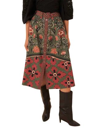 Farm Rio Farm Rio Arabesque Floral Green Buttons Midi Skirt