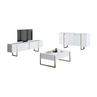 Dmora Set De Muebles De Sala Pignano, Modular, 4 Estantes, Puerta Abatible, Blanca